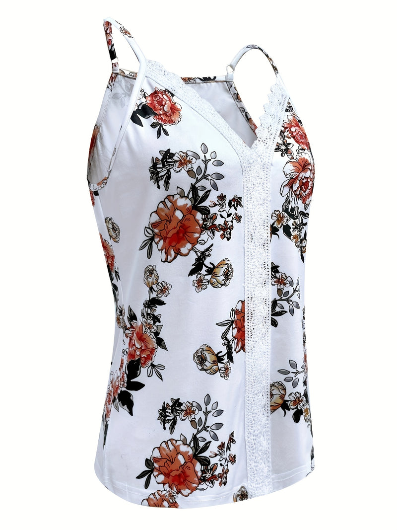 Top Casual Sem Mangas com Decote em V e Renda Floral
