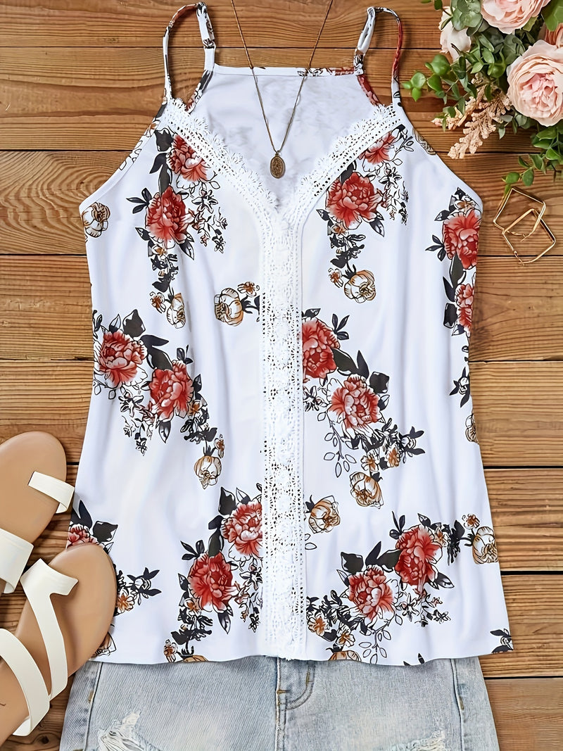 Top Casual Sem Mangas com Decote em V e Renda Floral